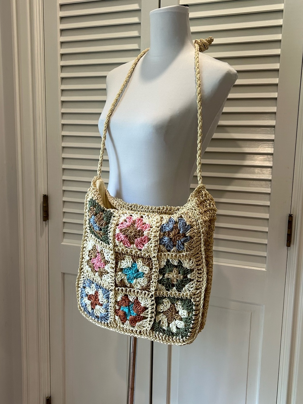 Woven Patchwork Shoulder Bag or Tote Natural and Multicolor NWT